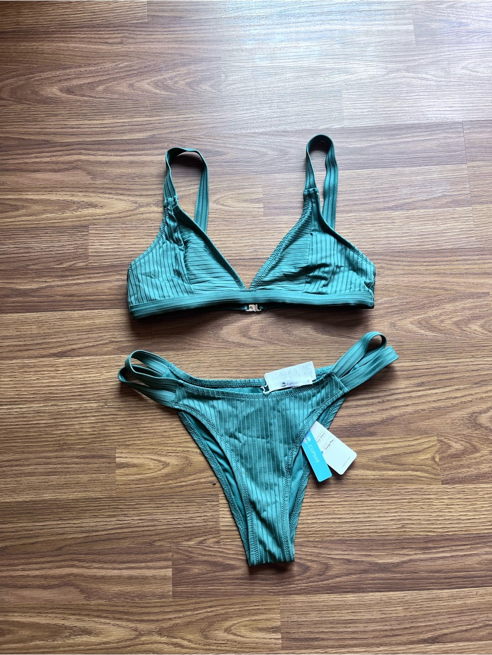 Cupshe Women’s Ribbed Green Bikini Set - Triangle Top & High-Cut Bottom